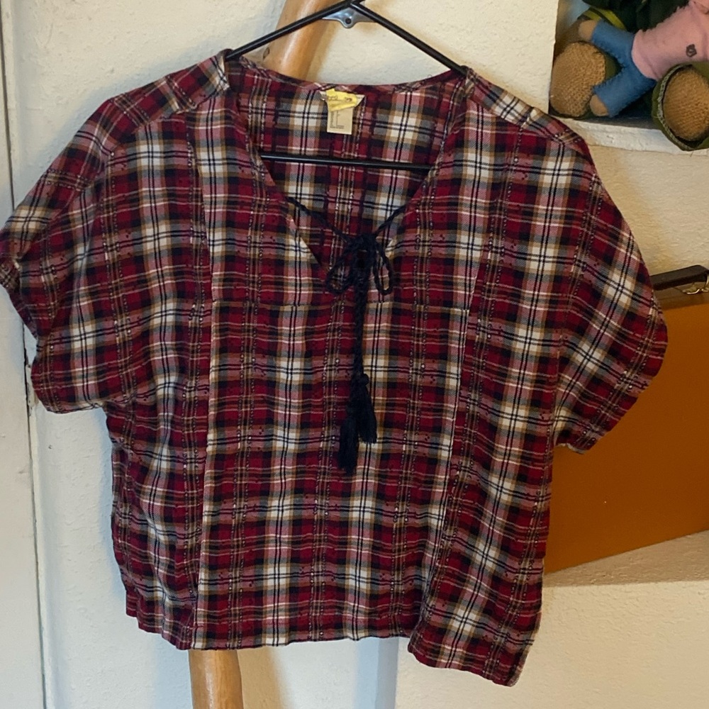Boxy tartan print peasant top with tassles